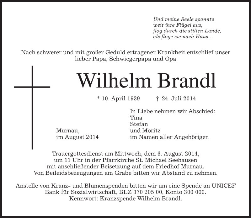 Traueranzeigen Von Wilhelm Brandl Trauer Merkur De