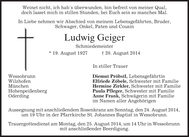 Traueranzeigen Von Ludwig Geiger Trauer Merkur De