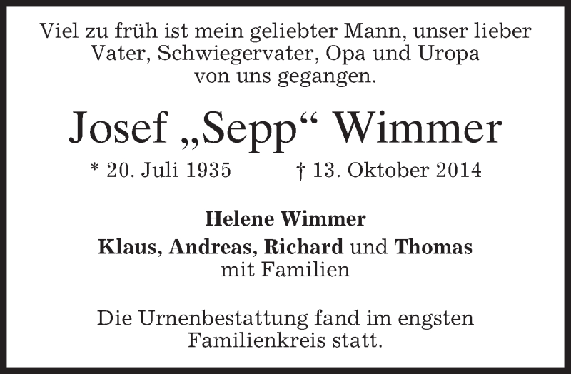 Traueranzeigen Von Josef Wimmer Trauer Merkur De