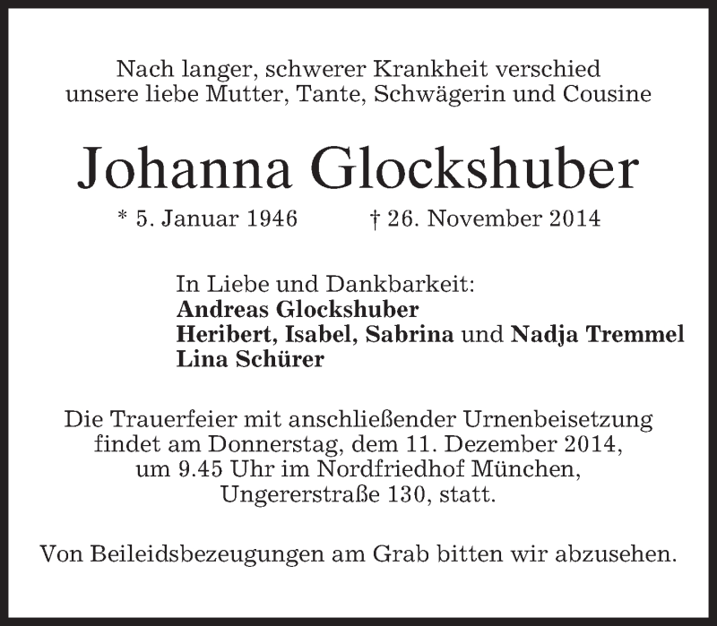 Traueranzeigen Von Johanna Glockshuber Trauer Merkur De