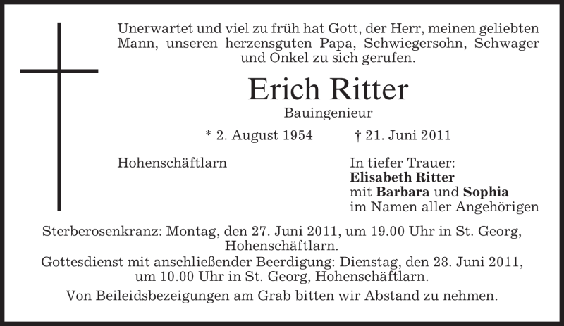 Traueranzeigen Von Erich Ritter Trauer Merkur De