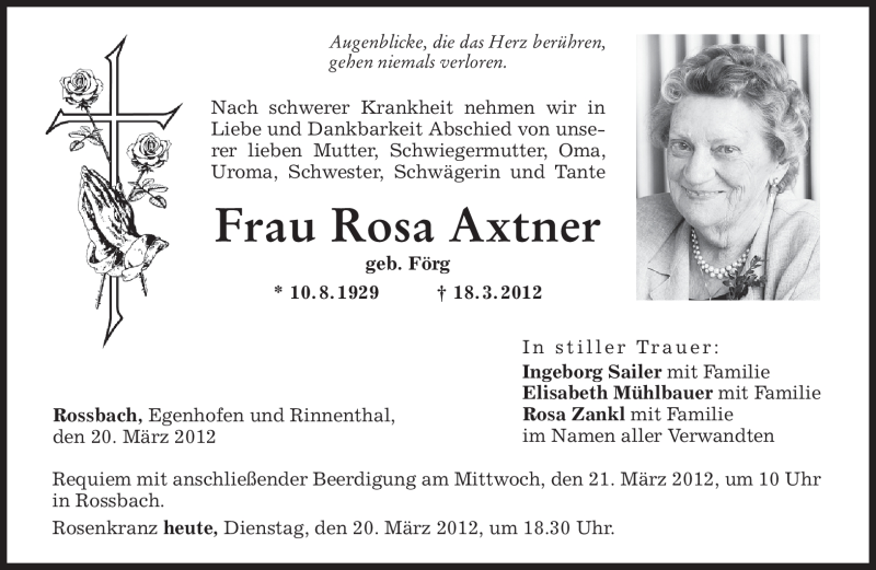 Traueranzeigen Von Rosa Axtner Trauer Merkur De