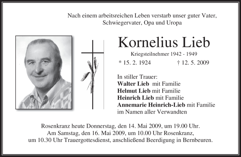 Traueranzeigen Von Kornelius Lieb Trauer Merkur De