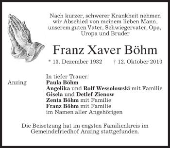 Traueranzeigen von Franz Xaver Böhm trauer merkur de