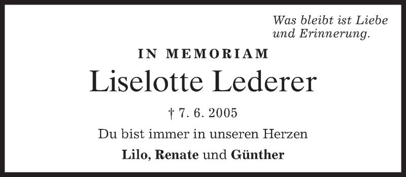 Traueranzeigen Von Liselotte Lederer Trauer Merkur De