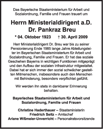 Traueranzeigen Von Pankraz Breu Trauer Merkur De