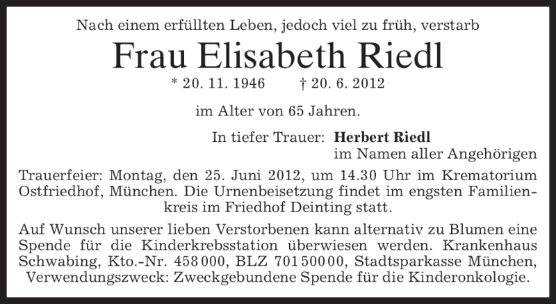 Traueranzeigen Von Elisabeth Riedl Trauer Merkur De