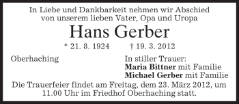 Traueranzeigen Von Hans Gerber Trauer Merkur De