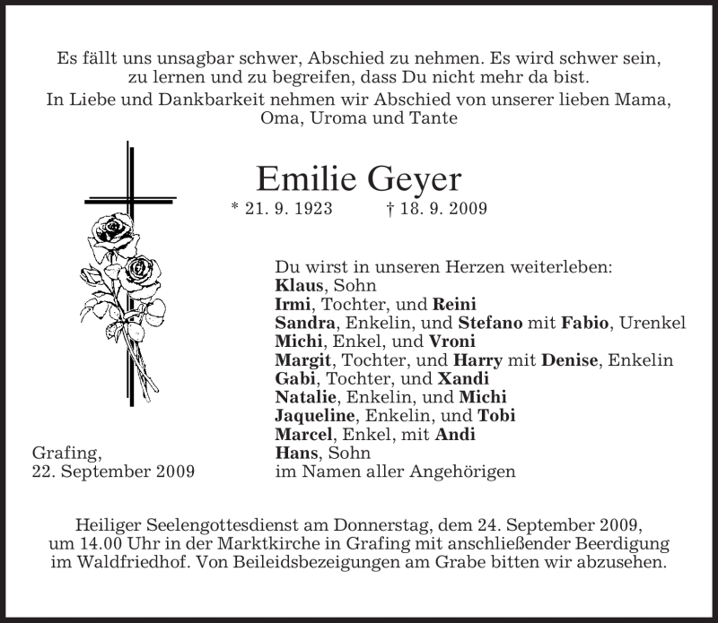 Traueranzeigen Von Emilie Geyer Trauer Merkur De