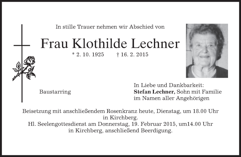 Traueranzeigen Von Klothilde Lechner Trauer Merkur De