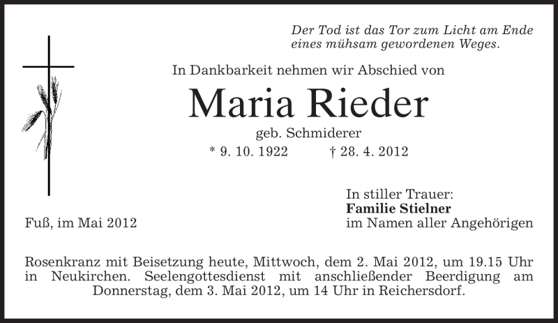 Traueranzeigen Von Maria Rieder Trauer Merkur De