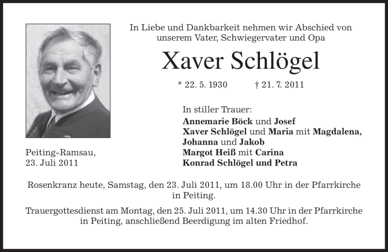 Traueranzeigen von Xaver Schlögel trauer merkur de