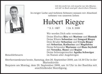 Traueranzeigen Von Hubert Rieger Trauer Merkur De