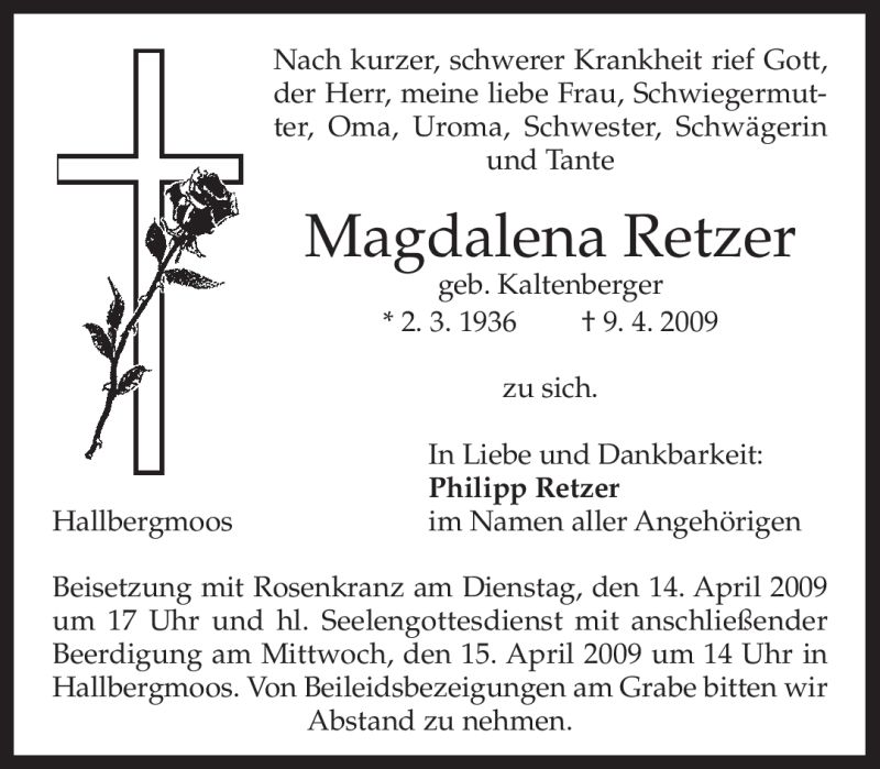 Traueranzeigen Von Magdalena Retzer Trauer Merkur De