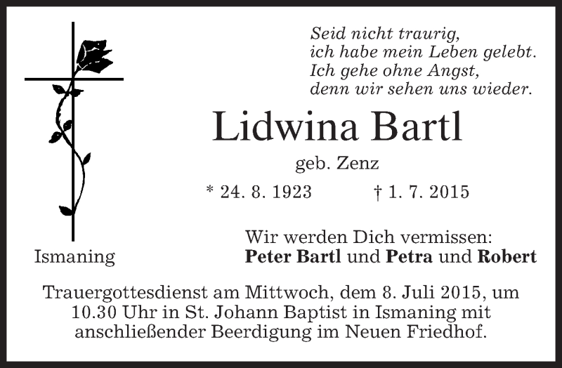 Traueranzeigen Von Lidwina Bartl Trauer Merkur De