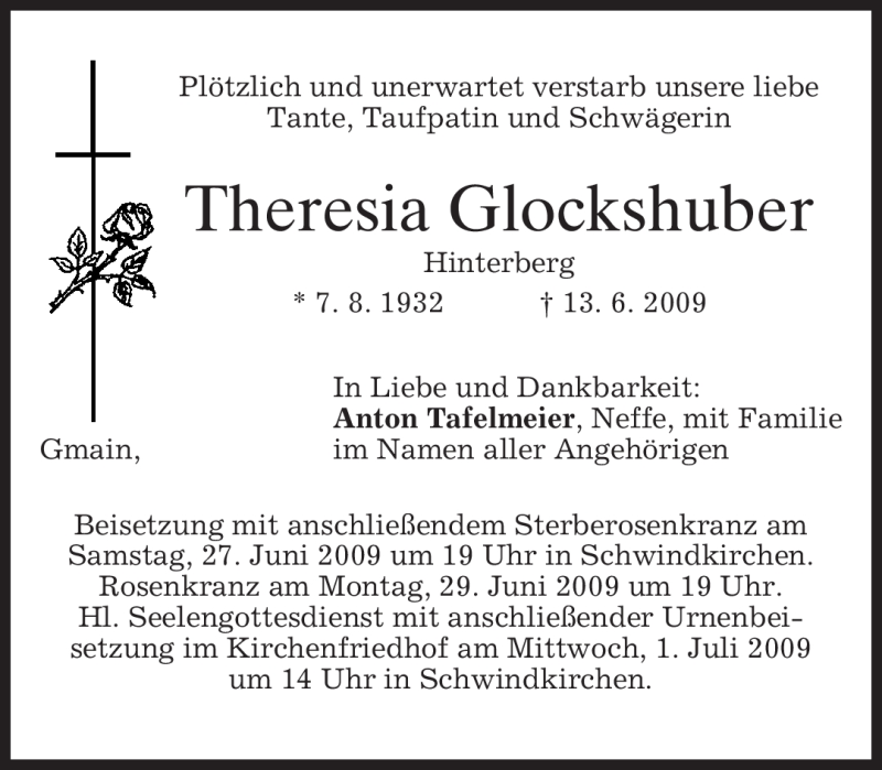 Traueranzeigen Von Theresia Glockshuber Trauer Merkur De