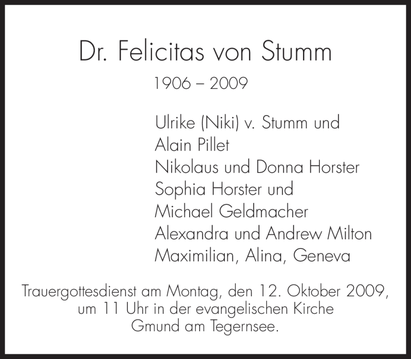 Traueranzeigen Von Felicitas Von Stumm Trauer Merkur De