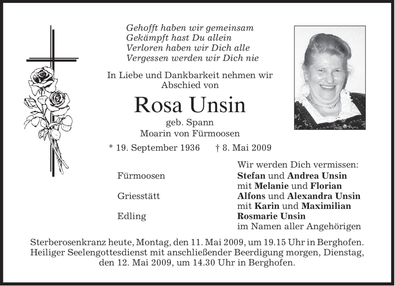 Traueranzeigen Von Rosa Unsin Trauer Merkur De