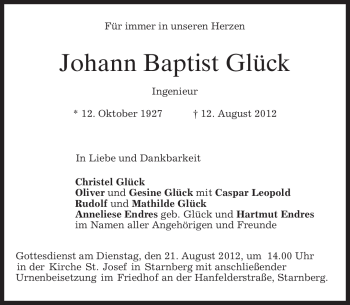 Traueranzeigen Von Johann Baptist Gl Ck Trauer Merkur De