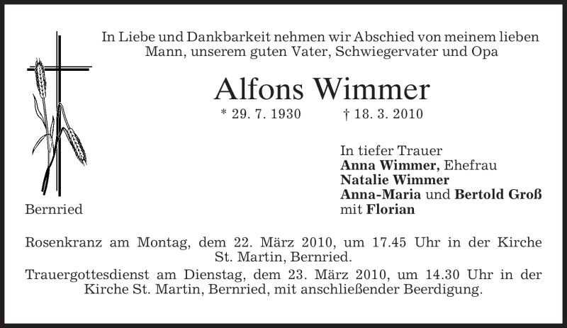 Traueranzeigen Von Alfons Wimmer Trauer Merkur De