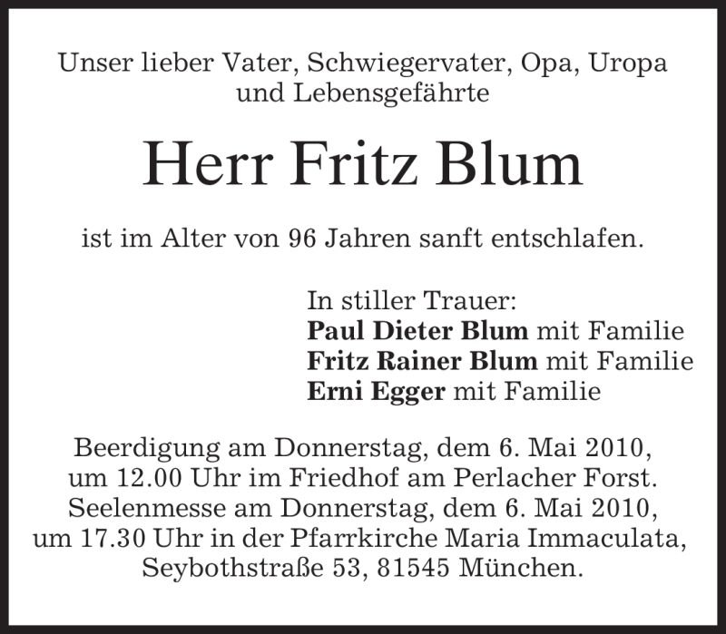 Traueranzeigen Von Fritz Blum Trauer Merkur De