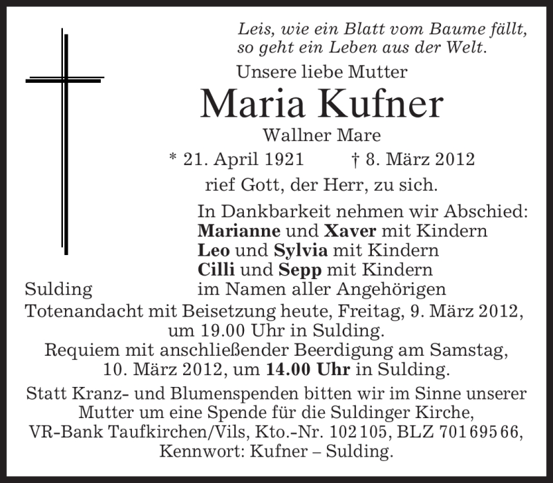 Traueranzeigen Von Maria Kufner Trauer Merkur De