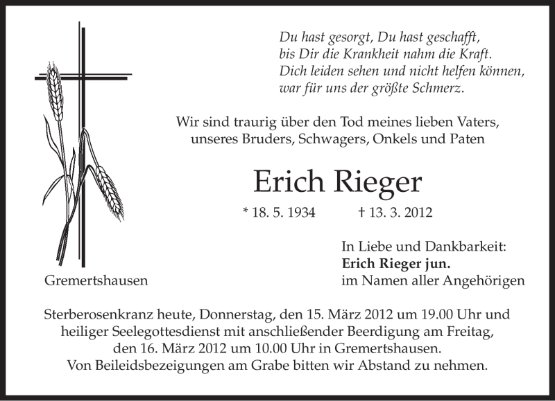 Traueranzeigen Von Erich Rieger Trauer Merkur De