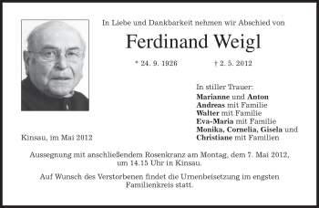 Traueranzeigen Von Ferdinand Weigl Trauer Merkur De