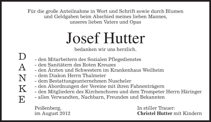 Traueranzeigen Von Josef Hutter Trauer Merkur De