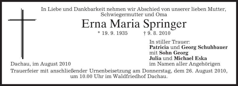 Traueranzeigen Von Erna Maria Springer Trauer Merkur De