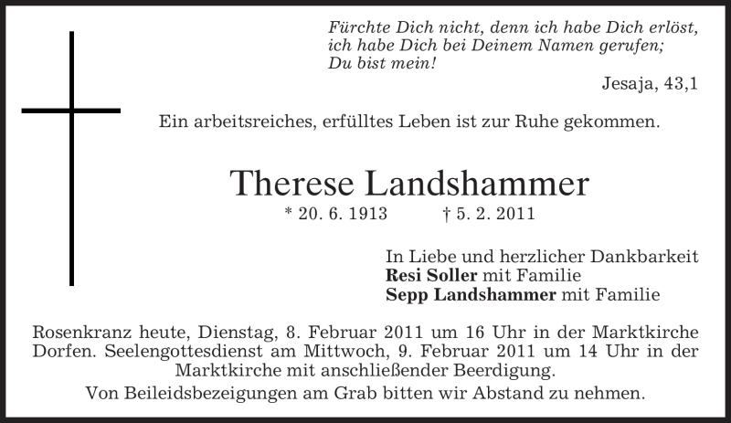 Traueranzeigen Von Therese Landshammer Trauer Merkur De