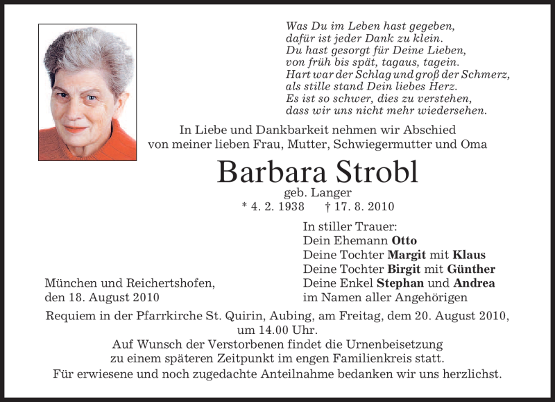 Traueranzeigen Von Barbara Strobl Trauer Merkur De