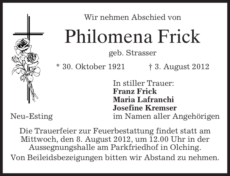 Traueranzeigen Von Philomena Frick Trauer Merkur De