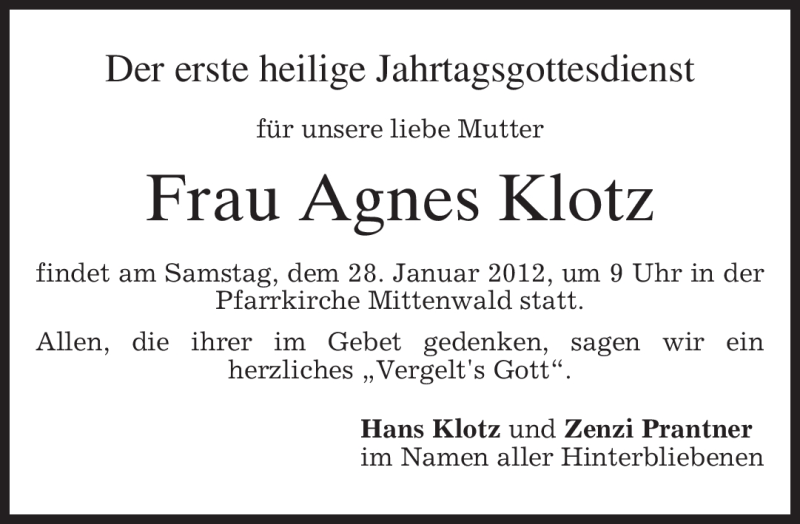 Traueranzeigen Von Agnes Klotz Trauer Merkur De