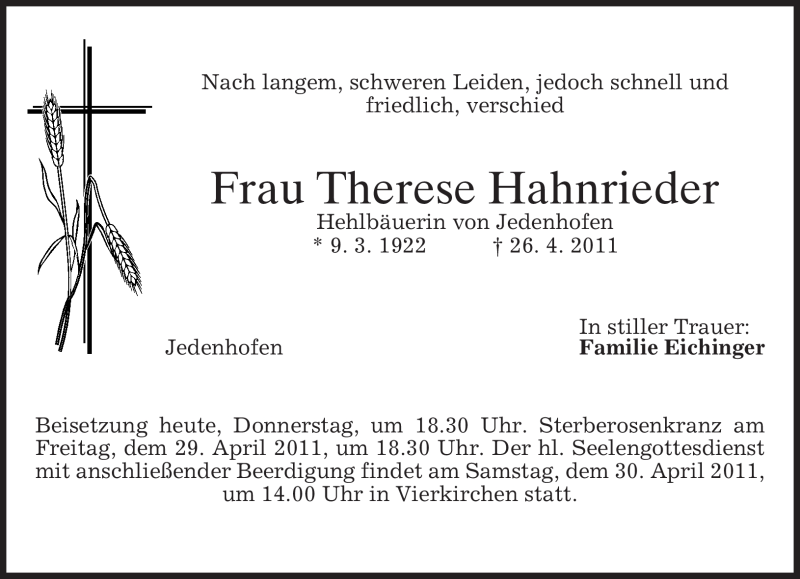 Traueranzeigen Von Therese Hahnrieder Trauer Merkur De