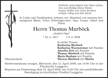 Traueranzeigen von Thomas Murböck trauer merkur de