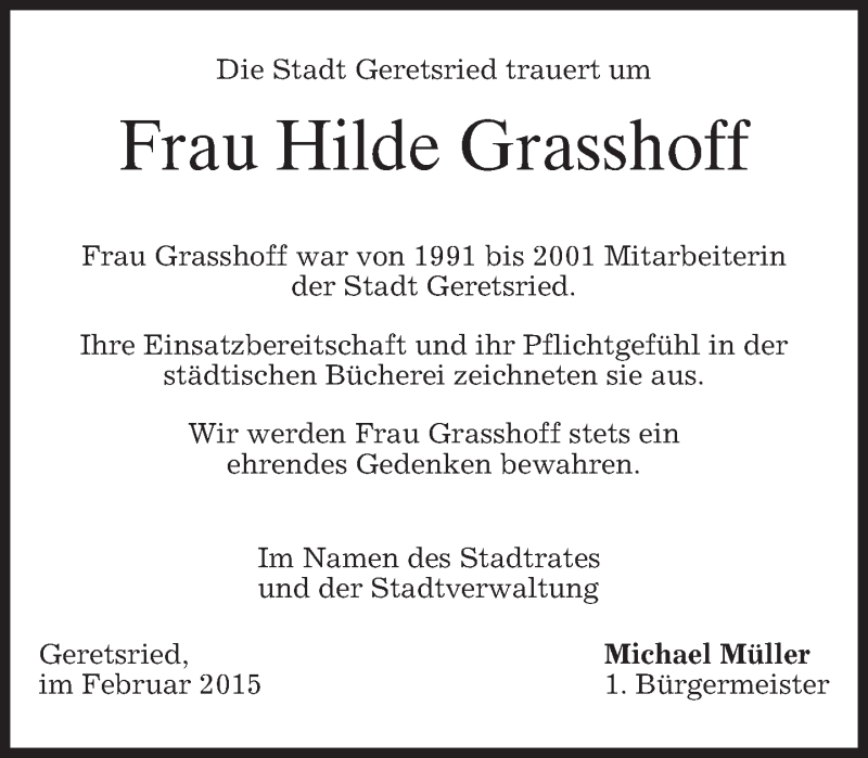 Traueranzeigen Von Hilde Grasshoff Trauer Merkur De