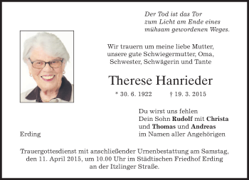 Traueranzeigen Von Therese Hanrieder Trauer Merkur De