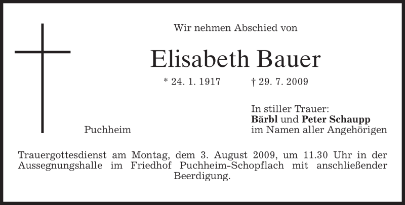 Traueranzeigen Von Elisabeth Bauer Trauer Merkur De