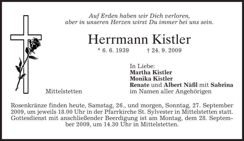 Traueranzeigen Von Herrmann Kistler Trauer Merkur De