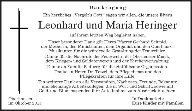 Traueranzeigen Von Leonhard Und Maria Heringer Trauer Merkur De