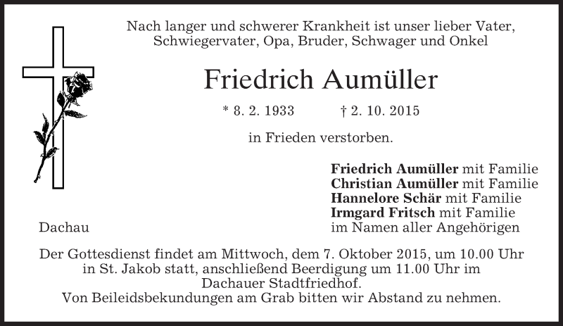 Traueranzeigen von Friedrich Aumüller trauer merkur de