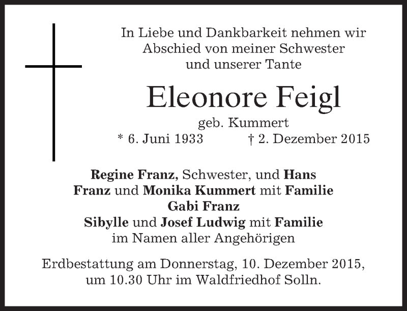 Traueranzeigen Von Eleonore Feigl Trauer Merkur De