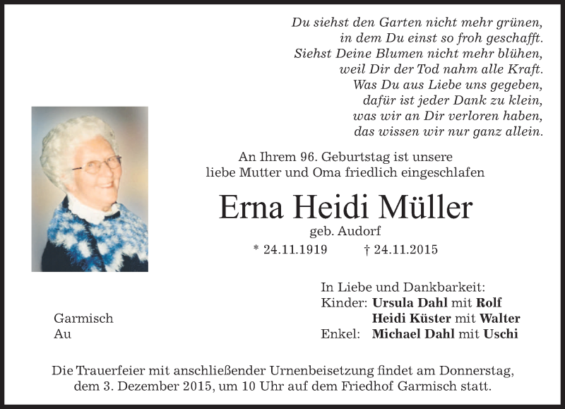 Traueranzeigen Von Erna Heidi M Ller Trauer Merkur De