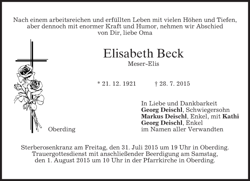 Traueranzeigen Von Elisabeth Beck Trauer Merkur De