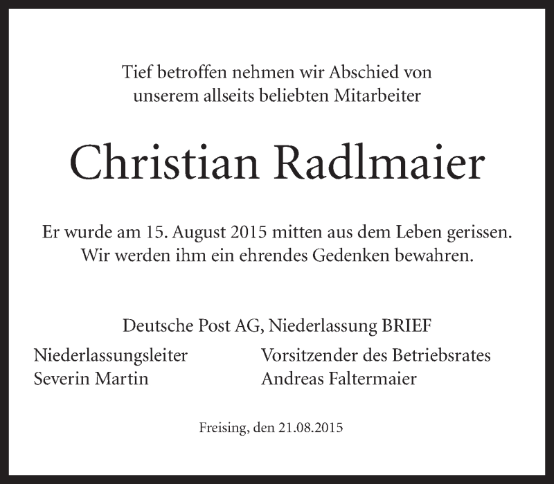 Traueranzeigen Von Christian Radlmaier Trauer Merkur De