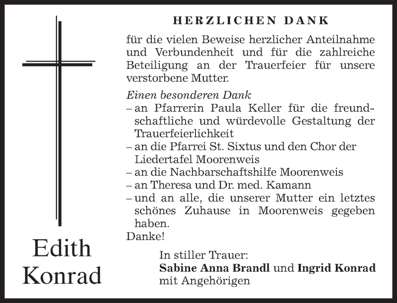 Traueranzeigen Von Edith Konrad Trauer Merkur De