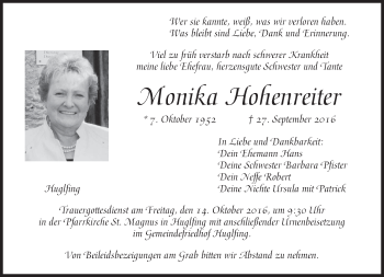 Traueranzeigen Von Monika Hohenreiter Trauer Merkur De