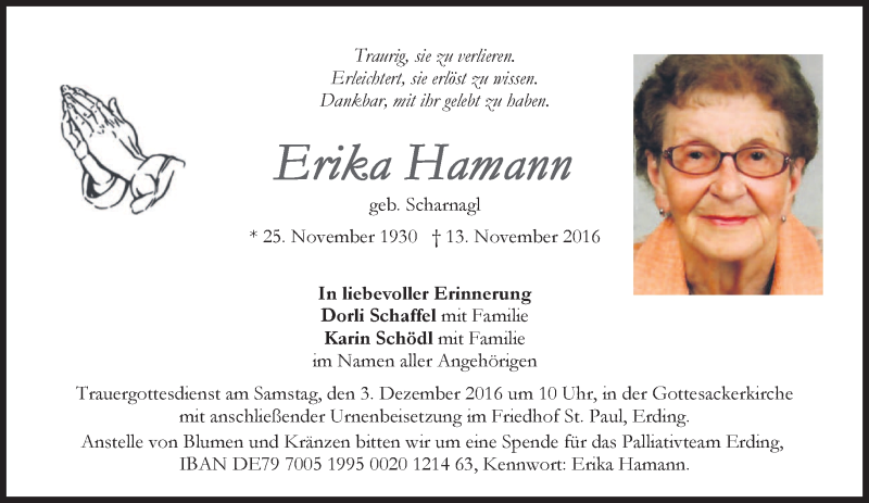 Traueranzeigen Von Erika Hamann Trauer Merkur De