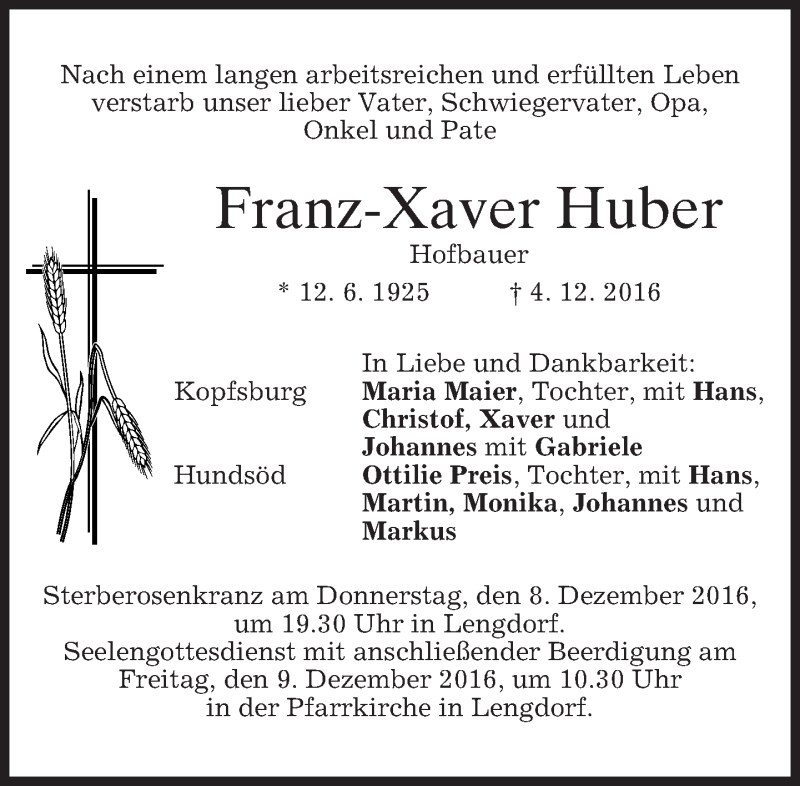 Traueranzeigen Von Franz Xaver Huber Trauer Merkur De